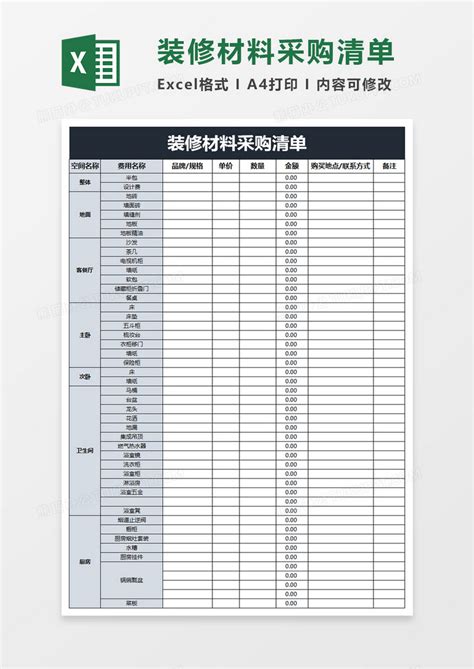 房子装修材料清单表execlExcel模板下载_熊猫办公