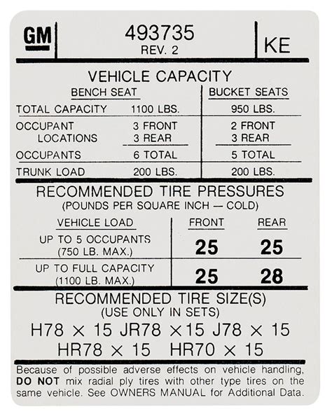 Decal, 74 Pontiac, Tire Pressure, KE, 493735 @ OPGI.com