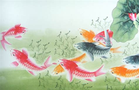 工笔鱼国画 - 九鱼图 - 99字画网