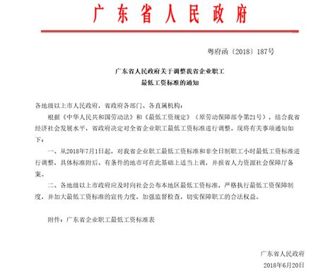 广东省人民政府关于调整我省企业职工最低工资标准的通知