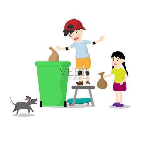 小男孩和小女孩被扔在垃圾桶里孤立的背景。矢量插图在卡通人物扁平风格。插画图片素材_ID:348804243-Veer图库