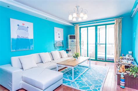 蓝色简约客厅室内设计高清图片下载-正版图片500435589-摄图网