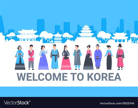 Welcome to korea people in traditional costumes Vector Image