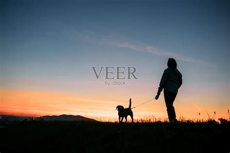 日落剪影的女人和狗在散步照片摄影图片_ID:309399418-Veer图库