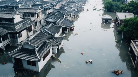 洪水淹没的古镇摄影图png格式图片下载_熊猫办公
