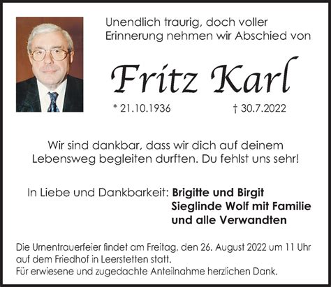 Traueranzeigen von Fritz Karl | trauer.nn.de