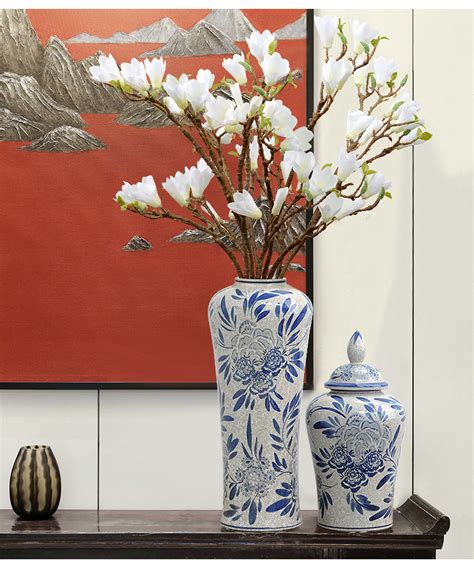 新中式青花瓷陶瓷花瓶客厅玄关电视柜干花花器仿古青花罐装饰摆件-美间设计