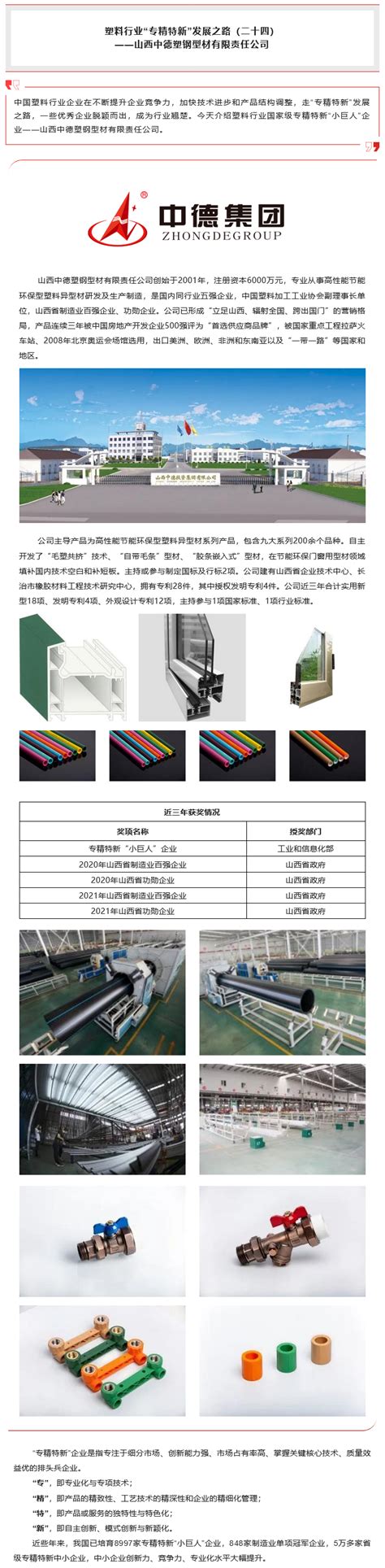 塑料行业“专精特新”发展之路（二十四）—— 山西中德塑钢型材有限责任公司_中国塑料加工工业协会