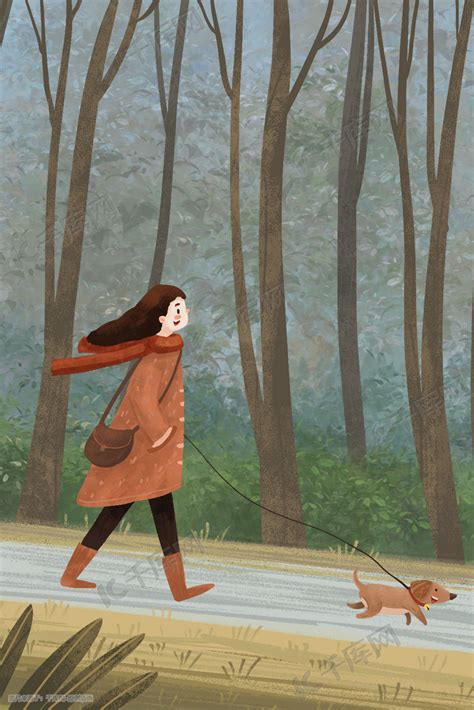 立冬节气女孩子带着宠物出门散步场景插画图片-千库网