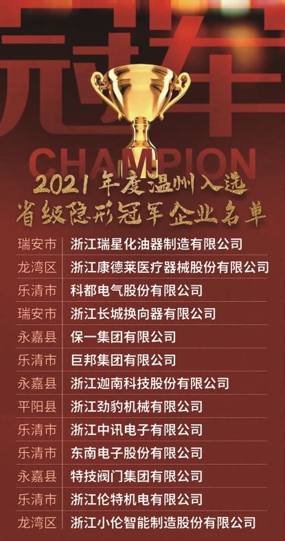 温州13家企业上榜2021年度浙江省“隐形冠军”企业名单-新闻中心-温州网