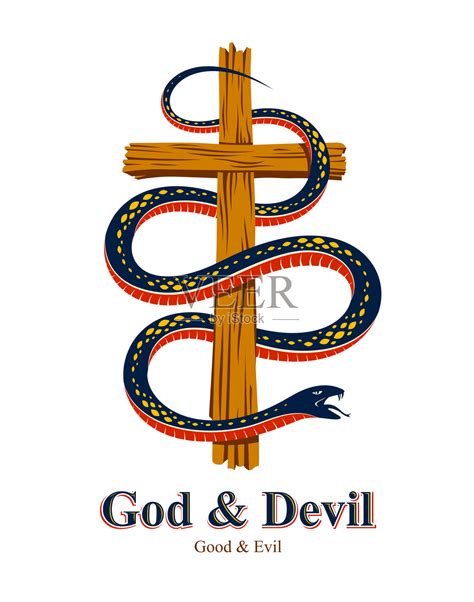 蛇缠绕着基督教的十字架，善与恶、圣人与罪人、爱与恨、生与死的象征向量插画标志、徽标或纹身。插画图片素材_ID:421557924-Veer图库