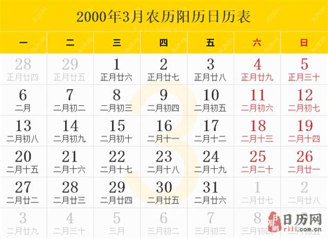 2000年日历表，2000年农历表，2000年日历带农历 - 日历网