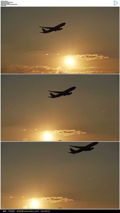 飞机夕阳下起飞实拍视频素材_红动网