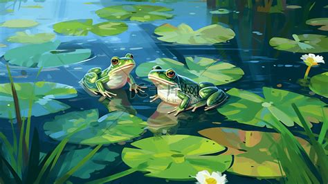 夏天池塘里有荷叶青蛙插画图片-千库网