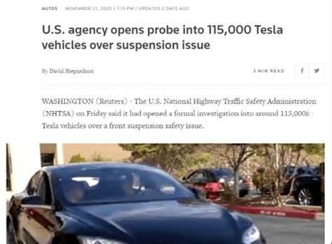 特斯拉遭美国监管机构调查 因11.5万辆汽车涉及前悬架故障 - 第一电动网