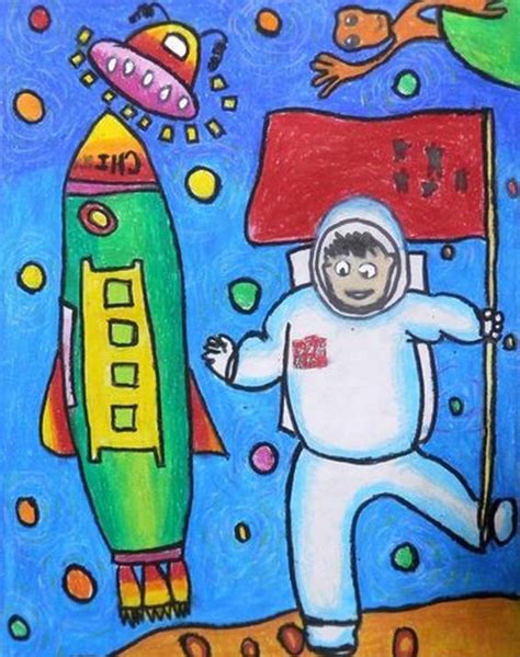 儿童蜡笔画,儿童科幻画-中国宇航员登月,儿童绘画
