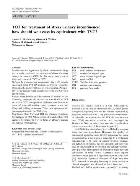 (PDF) TOT for treatment of stress urinary incontinence: How should we ...