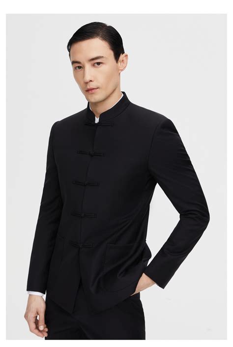 黑色中华立领羊毛混纺新中式西服两件套
