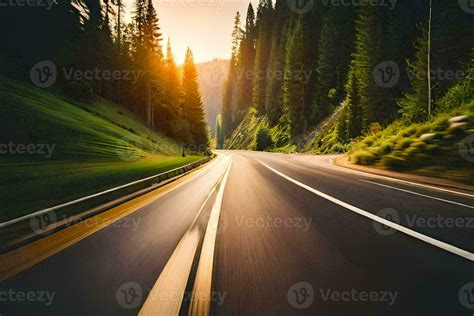 a car driving down a road with the sun setting behind it. AI-Generated ...