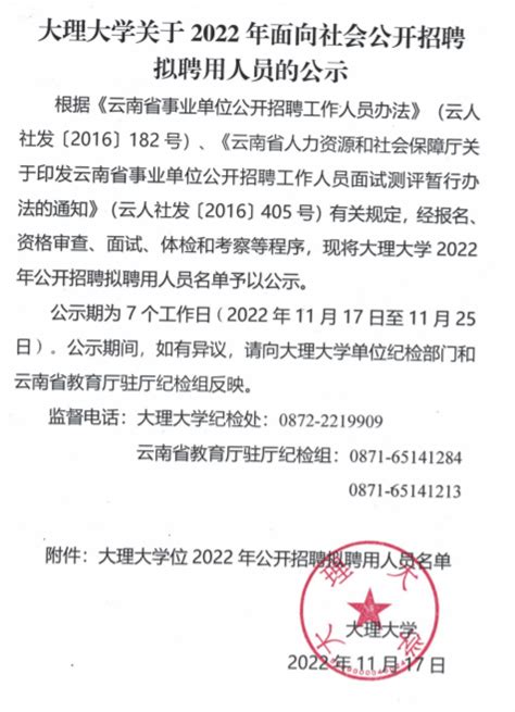 2022年云南大理大学面向社会公开招聘拟聘用人员公示（11月17日—11月25日）