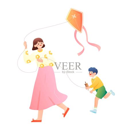 妈妈和孩子放风筝矢量人物插画元素设计元素图片_ID:436265467-Veer图库