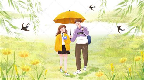 下雨天雨中漫步打伞的情侣下载插画图片-千库网