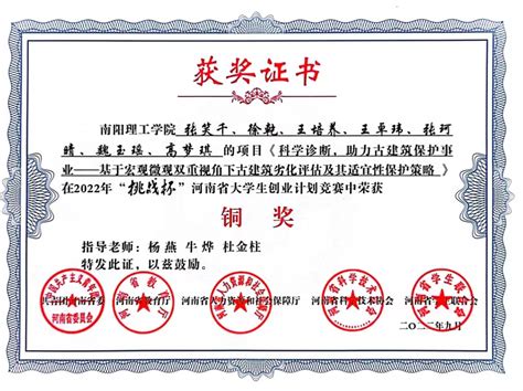 2022年“挑战杯”河南省大学生创业计划竞赛获奖证书-南阳理工学院建筑学院