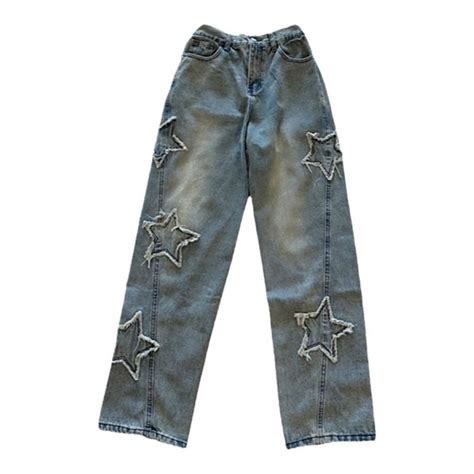 蓝色星星刺绣牛仔裤女春秋季新款设计感小众宽松直筒阔腿长裤子潮-阿里巴巴