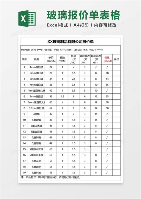 玻璃制品有限公司报价单Excel模板下载_熊猫办公