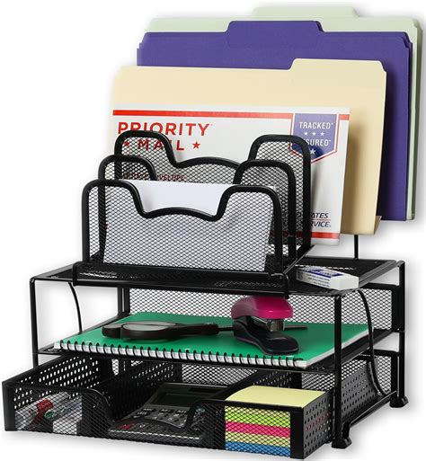 SimpleHouseware Mesh Desk Organizer with Sliding Drawer, Double Tray and 5 Stacking Sorter ...
