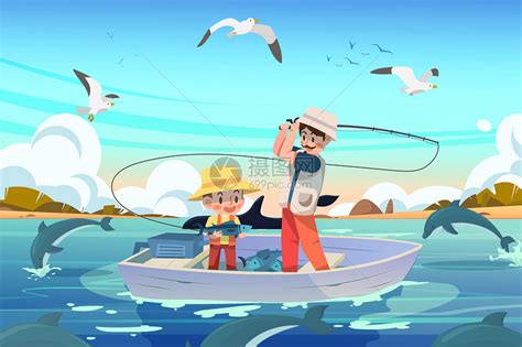父亲节爸爸带儿子乘船钓鱼遇见海豚插画图片下载-正版图片402169803-摄图网