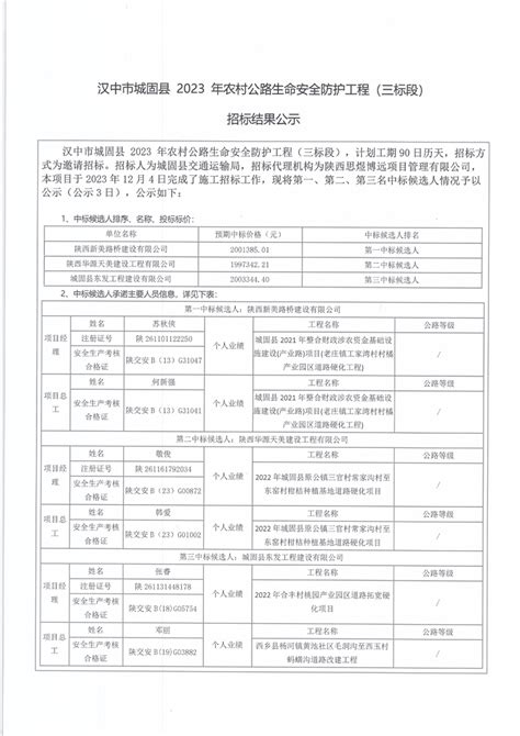 汉中市城固县2023年农村公路生命安全防护工程（三标段）招标结果公示 - 城固县人民政府
