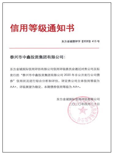 中鑫投资集团有限公司喜获AA+评级 - 泰兴网-泰兴市新闻综合门户网站