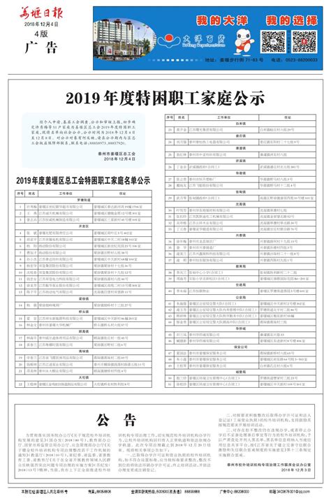 2019年度特困职工家庭公示--姜堰日报