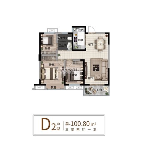 学府新城D5户型，学府新城3室2厅2卫1厨约104.07平米户型图，朝南朝向 - 抚州安居客