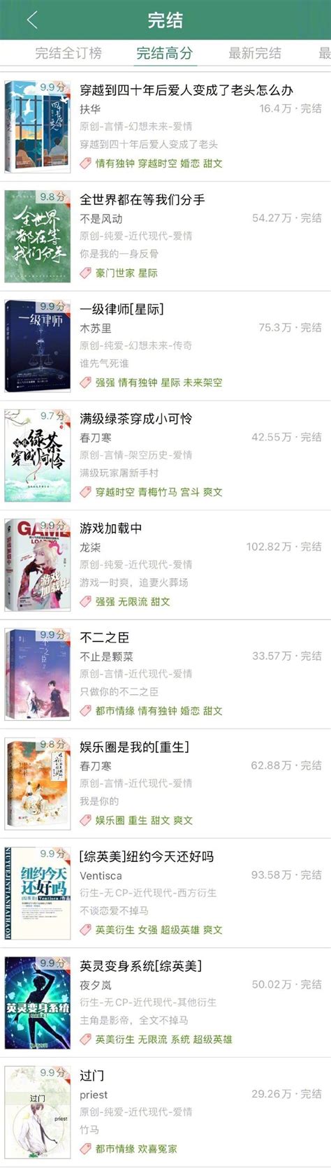 晋江小说完结高分榜TOP100，书荒码住了！