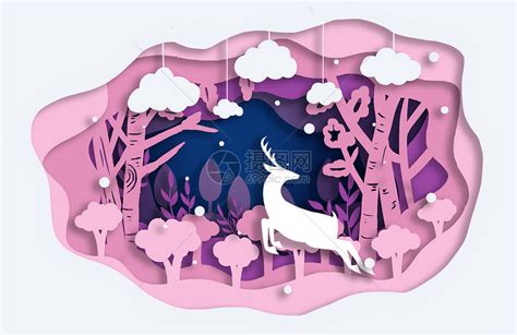 粉色森林小鹿立体剪纸插画图片下载-正版图片400205948-摄图网