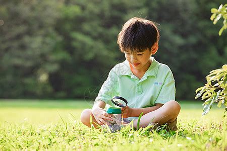小男孩使用放大镜观察植物高清图片下载-正版图片501764707-摄图网