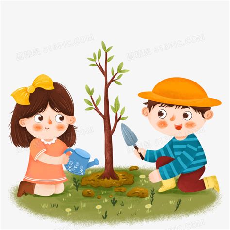 植树节男孩女孩种树素材图片免费下载-千库网