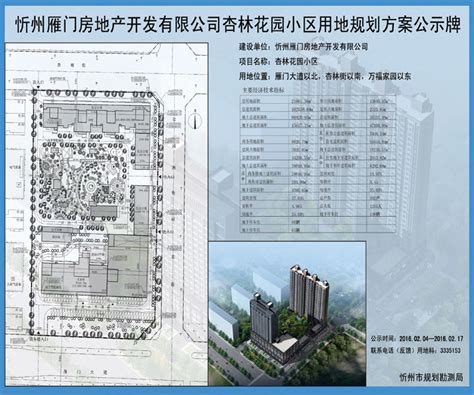 忻州雁门房地产开发有限公司杏林花园小区用地规划方案公示牌
