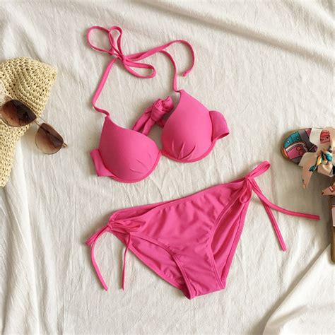 沙滩度假PINK粉玫红比基尼泳衣女钢托聚拢大小胸性感三点式泳装-淘宝网