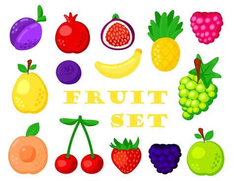 Colorful cartoon fruit icon set isolated on white background. Doodle ...
