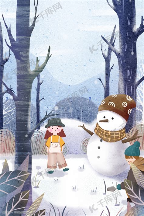 假期寒假生活少女雪景雪花堆雪人卡通插画图片-千库网