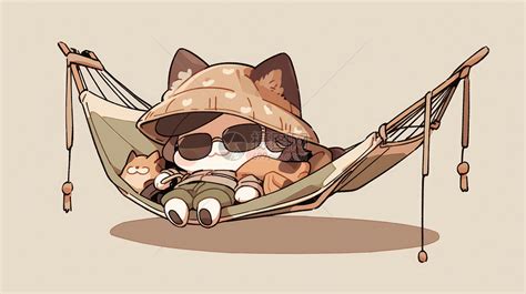 躺在吊床上戴着帽子和眼镜休闲的卡通猫插画图片下载-正版图片402501774-摄图网