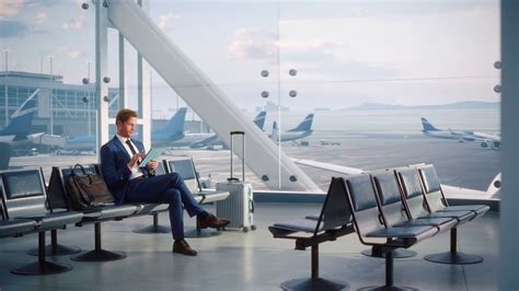 机场候机楼:商人使用智能手机，等待航班，做电子商务，发送电子邮件。旅行企业家坐在航空枢纽的登机休息室里进行远程在线工作视频素材_ID ...