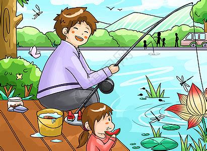 卡通温馨爸爸陪着儿子在栈桥上钓鱼插图插画图片素材下载_jpg格式_熊猫办公