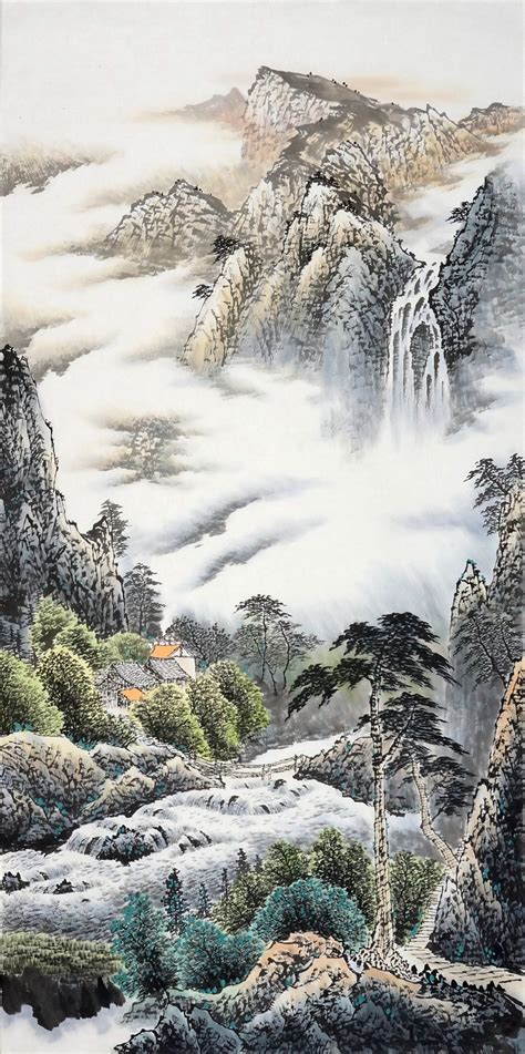 四尺山水，名家竖幅国画山水，玄关中堂国画-精品书画,一手货源,木微画院名家书画真迹