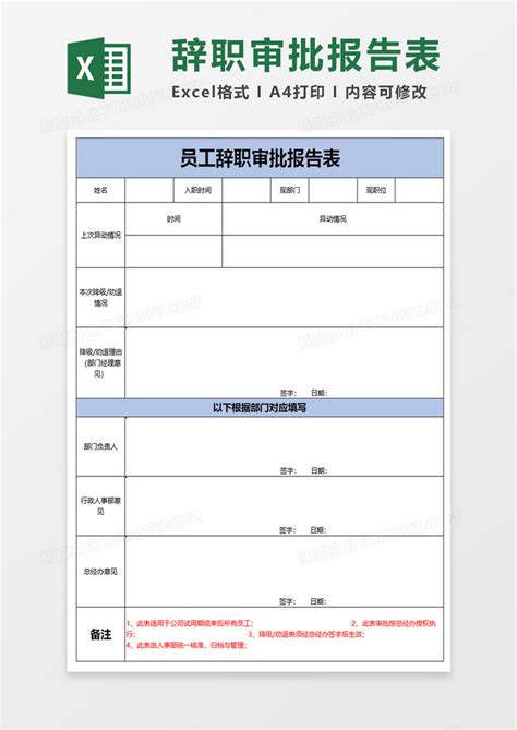 员工辞职审批报告表Excel模板下载_熊猫办公