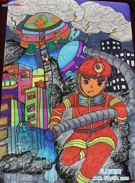 消防安全儿童绘画作品:消防员救火_儿童画网