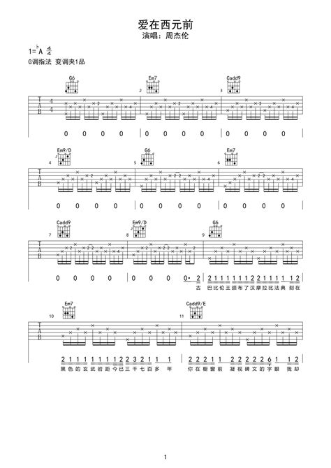 周杰伦爱在西元前吉他谱C调简单版双手学习吉他弹唱的六线谱谱子 - 吉他简谱